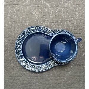 Fruit Embossed Ceramic Cup And Snack Underplate Navy Blue Made In Portugal Home
